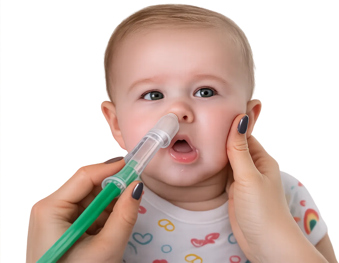 Lavagem nasal em bebê com seringa durante a sessão de fisioterapia respiratória